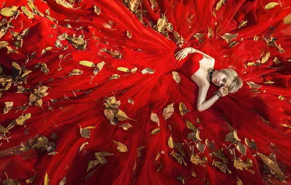 Leaves, girl, face, red, dress, lies