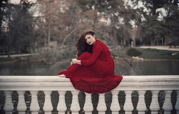 Girl, face, red, hair, dress, sitting, estate, railings