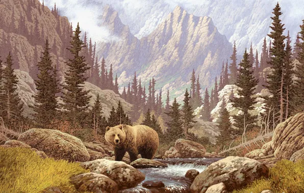 Forest, grass, mountains, river, stones, picture, bear, painting