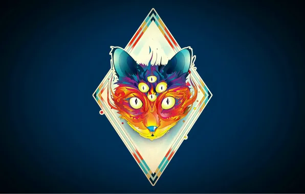 Eyes, face, blue background, rhombus, cat hypnosis