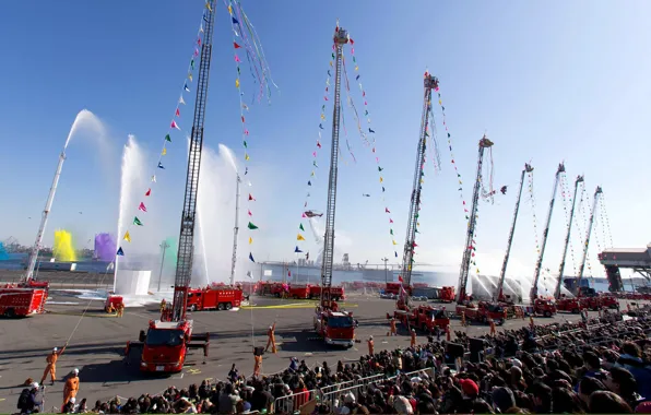 Exhibition, parade, fire truck, fire escape