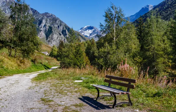 Mountains, bench, France, track, Savoie, Albertville