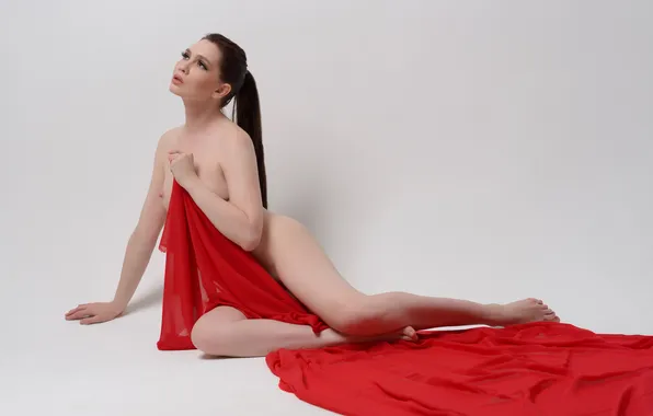Nude, legs, red cloth, sitting, naked girl, model posing, Sokolkov Egor