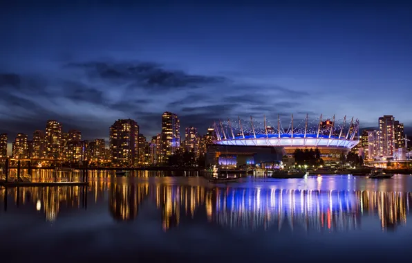 The sky, clouds, night, the city, reflection, building, home, skyscrapers