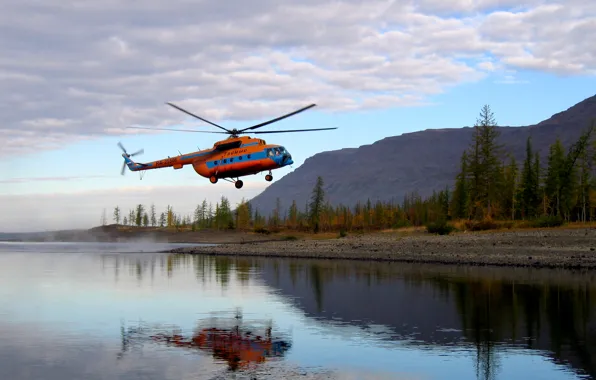 Forest, reflection, mountains, lake, Helicopter, Mi-8