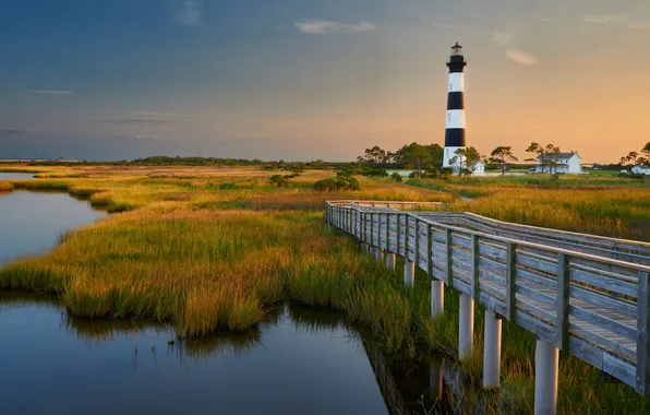 Grass, bridge, shore, lighthouse, pierce, pond