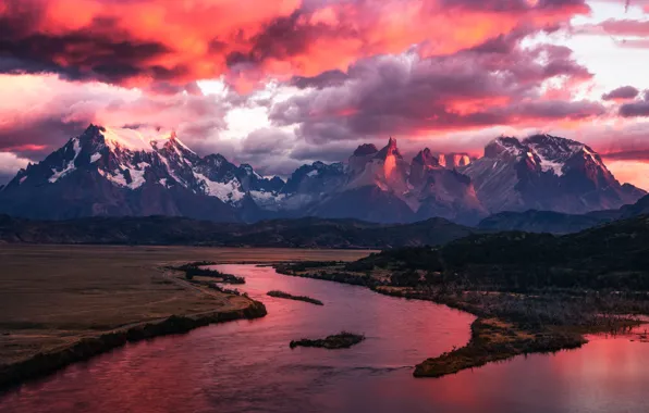 The sky, clouds, sunset, mountains, shore, haze, pond, Andes
