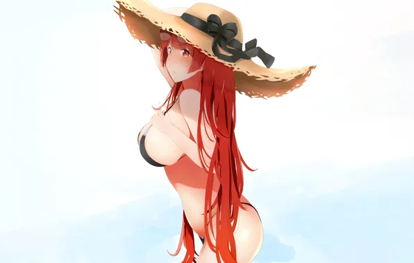 Girl, sexy, cleavage, red hair, long hair, hat, boobs, sexy girl