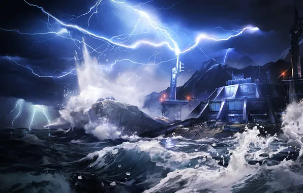Sea, squirt, storm, rocks, lightning, station, base