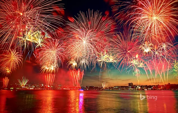 The sky, the city, lights, New York, fireworks, USA, New Jersey, the Hudson river