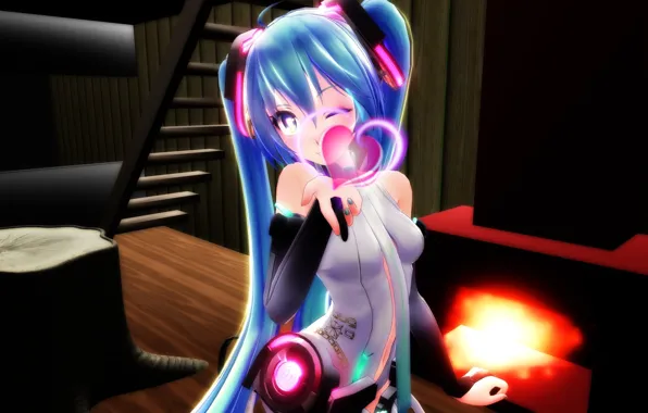 Lights, stump, headphones, ladder, gloves, vocaloid, Hatsune Miku, heart