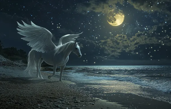 Sea, night, horse, the moon, shore, horse, wings, fantasy