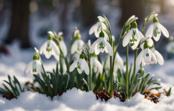 Snow, flowers, spring, snowdrops, white, bokeh, Bush, AI art