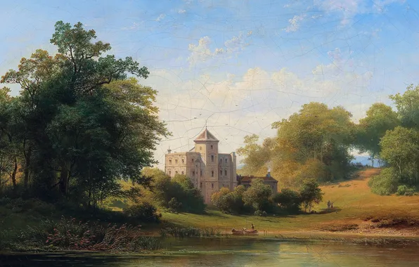 Lake, Trees, Castle, Picture, Austrian painter, Joseph Holzer, Josef Holzer, The castle by the lake