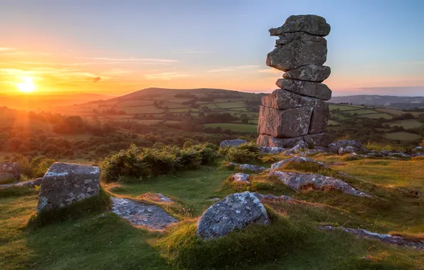 Field, the sky, the sun, light, mountains, stones, dawn, hills