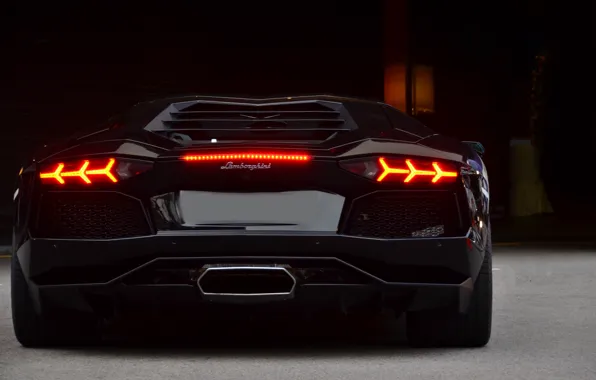 Lamborghini, black, back, headlights, aventador, lp700-4, Lamborghini, aventador