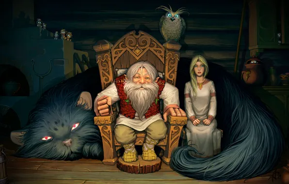 Picture cat, owl, tale, folklore, brownies, isiba, Lesovik, granddaughter