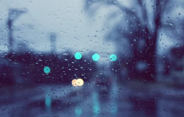 Glass, drops, macro, lights, rain