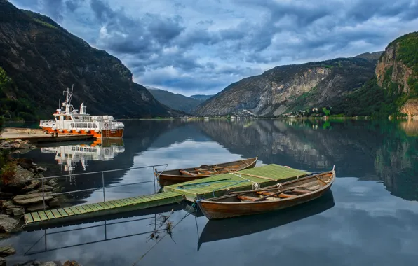 Clouds, landscape, mountains, nature, boats, pier, Norway, the fjord