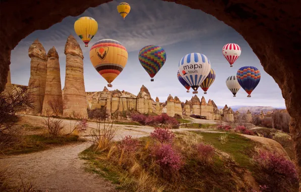 Landscape, nature, balloons, rocks, vegetation, Turkey, national Park, Cappadocia