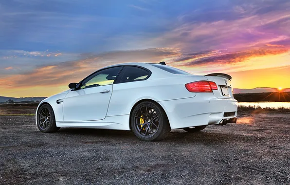 Picture white, the sky, clouds, sunset, bmw, BMW, white, wheels