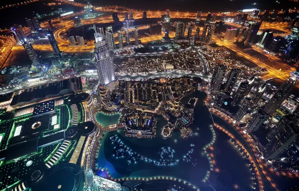 City, night, lake, dubai, united arab emirates