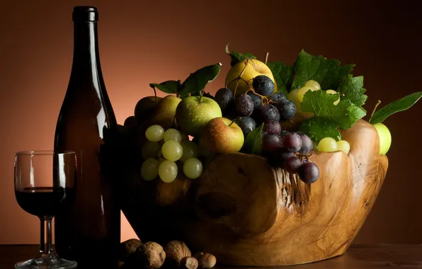 Picture berries, wine, apples, glass, bottle, grapes, fruit, nuts
