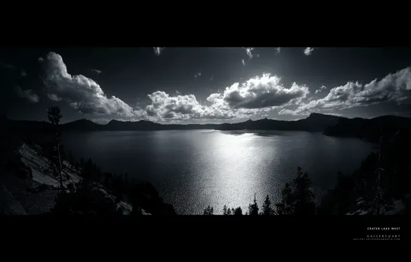 The sky, clouds, trees, black and white, water surface