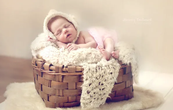Basket, sleep, girl, fur, basket, baby, cap, baby