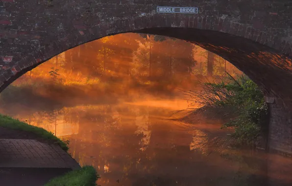 Picture sunset, bridge, fog, river, arch