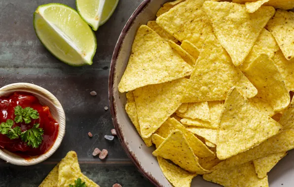 Greens, plate, lime, sauce, parsley, ketchup, chips, Nachos