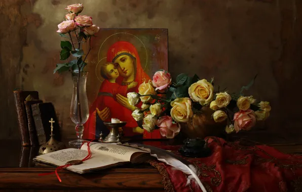 Picture flowers, roses, still life, icon