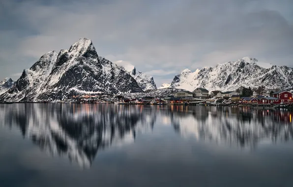 Winter, the sky, water, clouds, mountains, clouds, lights, reflection