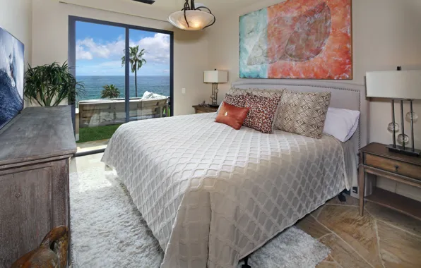 Sea, palm trees, view, bed, pillow, horizon, chandelier, bedroom