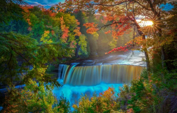 Picture autumn, forest, trees, river, waterfall, Michigan, Michigan, Tahquamenon Falls State Park