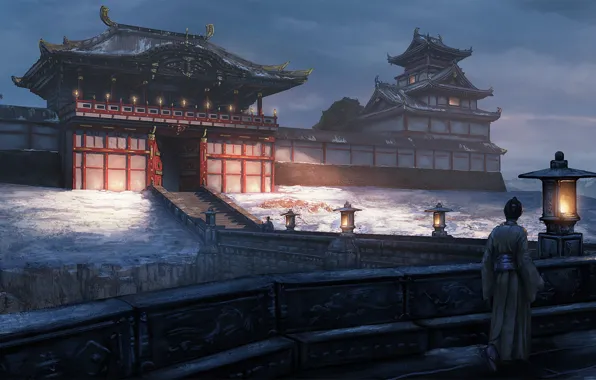 Road, gate, Japan, samurai, lights, ladder, architecture, twilight