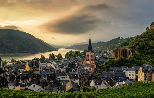 Mountains, river, building, home, morning, Germany, Church, Germany