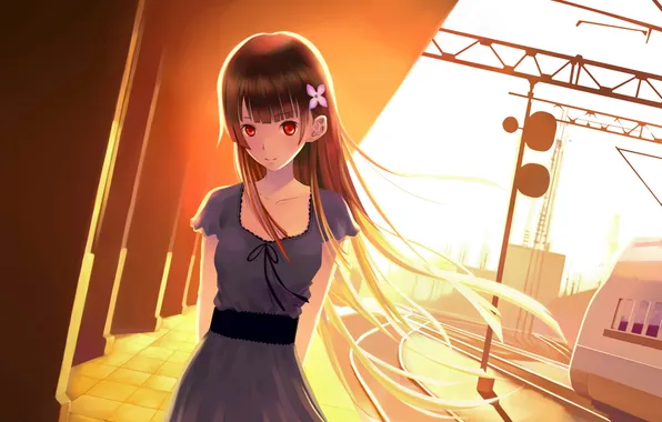 Sunset, train, anime, girl, red eyes, art, sankarea, Sankyo Rea