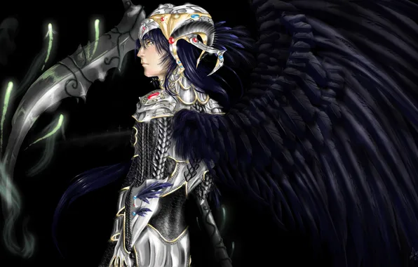 Look, armor, anime, profile, armor, dark angel, black wings