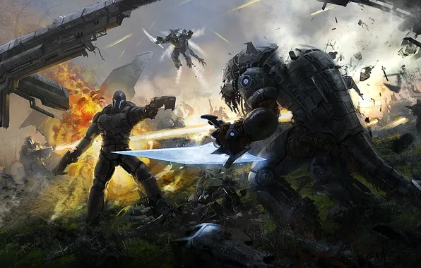 Picture metal, weapons, fire, robot, art, monsters, battle