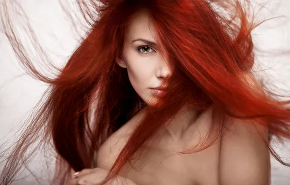Picture look, girl, eyelashes, model, red hair, shoulders
