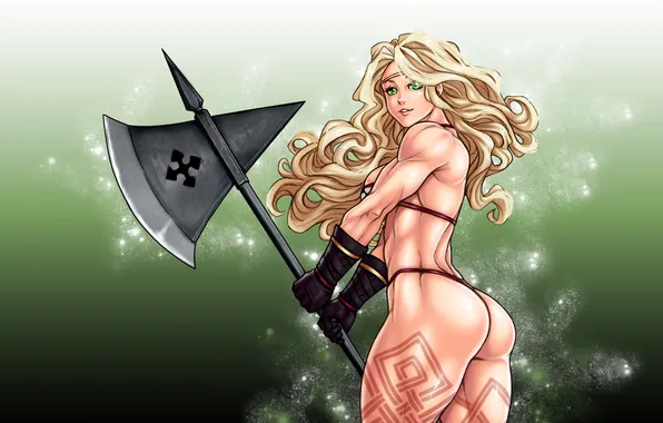 Chest, girl, feet, hair, body, warrior, blonde, axe