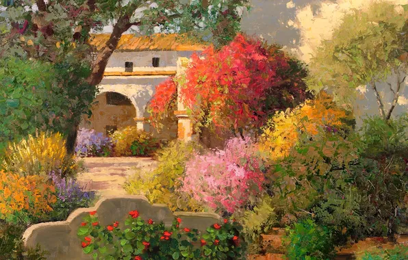 Picture leaves, trees, flowers, house, arch, painting, path