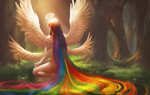 Picture forest, girl, wings, rainbow, art