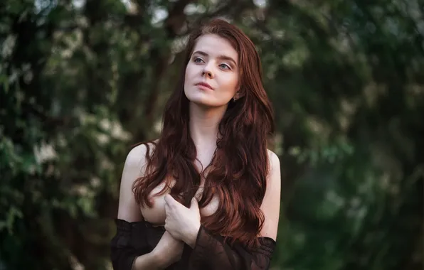 Forest, chest, look, girl, trees, sunset, face, portrait