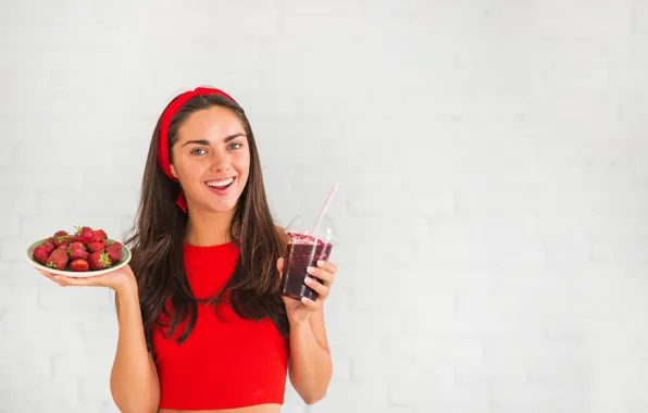 Picture look, girl, glass, pose, smile, berries, background, hands