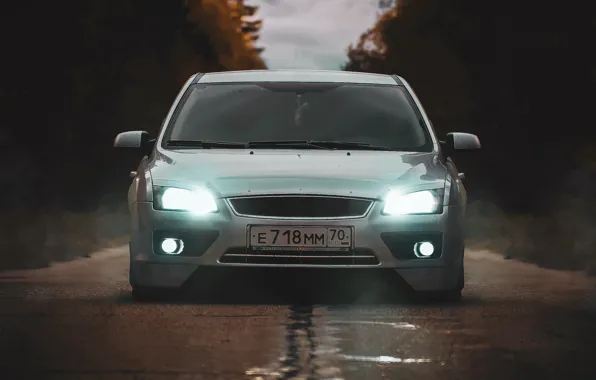 Road, forest, xenon, lights, tuning, sedan, Ford focus 2, Ford focus 2