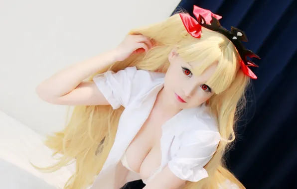 Girl, sexy, cleavage, long hair, boobs, beautiful, red eyes, pretty
