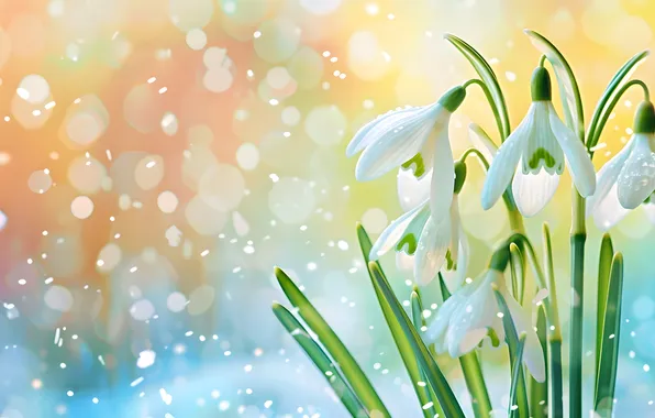 Light, flowers, background, spring, snowdrops, white, bokeh, Bush