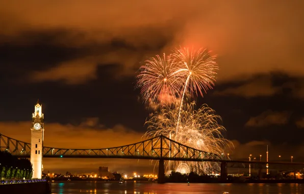 Night, bridge, the city, river, photo, salute, Canada, Montreal